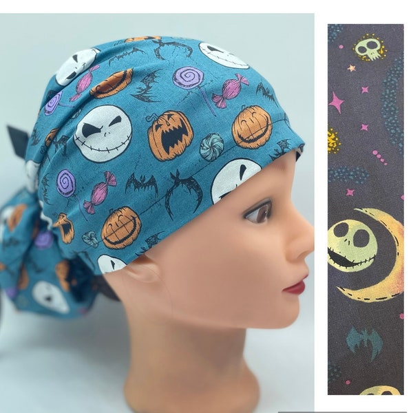 Jack skellington euro scrub cap with buttons, pumpkin Jack ponytail scrub cap, nurse Halloween scrub cap, holiday scrub cap, medical cover