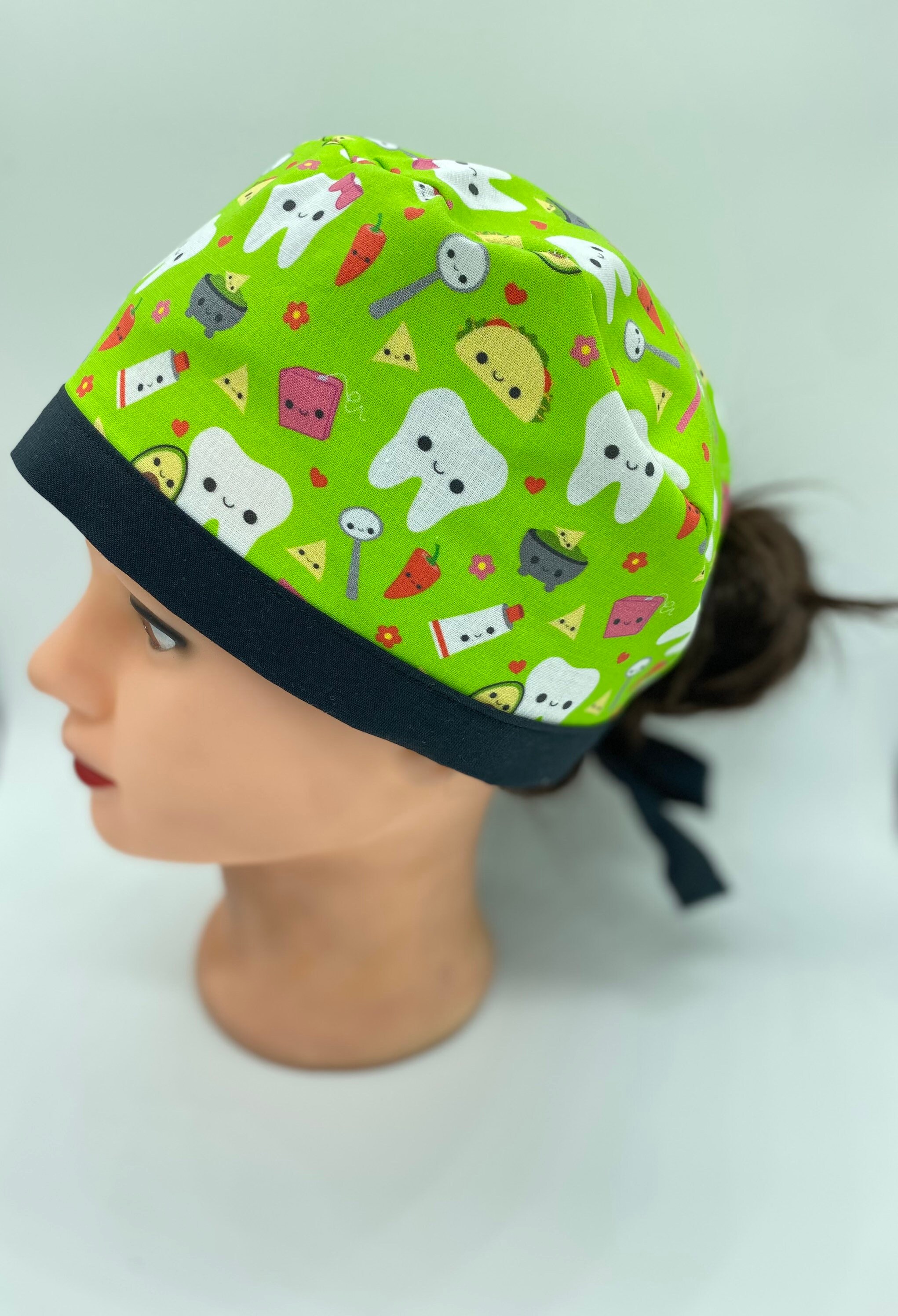personalized dental taco and teeth scrub cap with buttons, dental hygiene and dental assistant