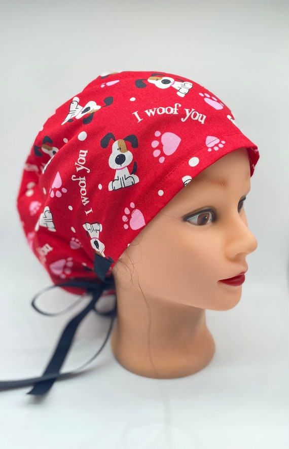 Valentines scrub cap, love holiday scrub cap with buttons, womens euro scrub cap, veterinarian scrub cap, animal scrub cap, nurse scrub cap