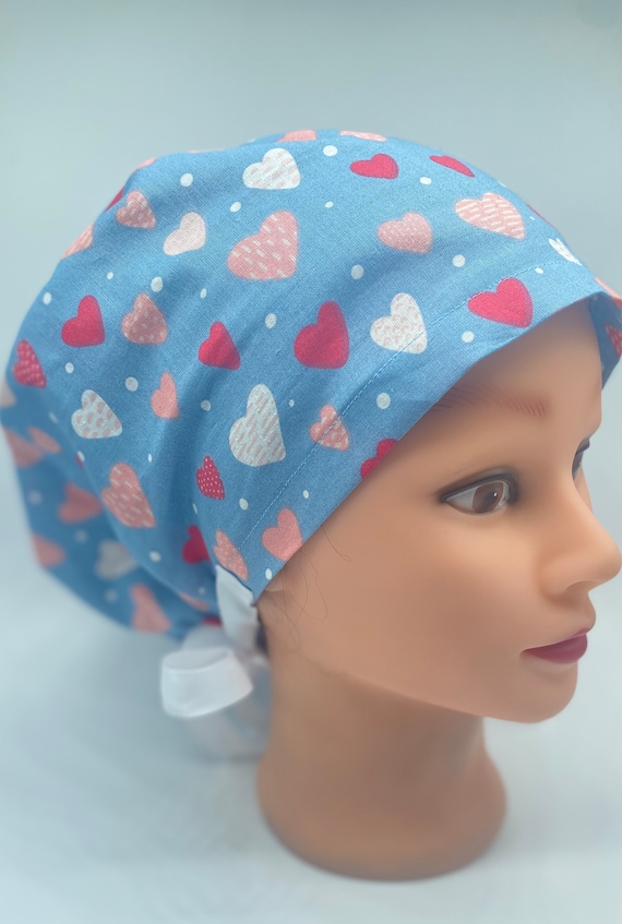 Valentines medical scrub cap, blue euro hearts scrub cap, hearts scrub cap with buttons, nurse scrub cap, dental hair cover, womens hat