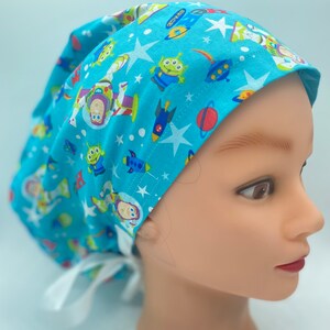 Buzz light year scrub cap, euro scrub cap, ponytail scrub cap with buttons, pediatric scrub cap, surgeon scrub cap