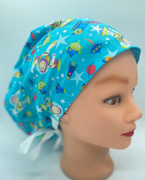 Buzz light year scrub cap, euro scrub cap, ponytail scrub cap with buttons, pediatric scrub cap, surgeon scrub cap