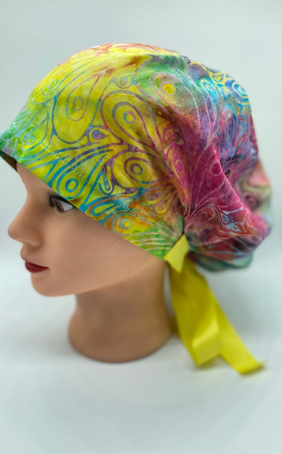 Tie dye scrub cap, dental hygienist scrub cap with buttons, nurses bonnet scrub cap with ribbon ties, ponytail scrub cap with buttons