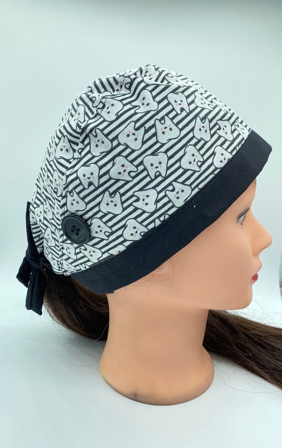 Personalized Black and white striped dental scrub cap with buttons, women’s surgical cap, dental assistant and dental hygiene scrub cap