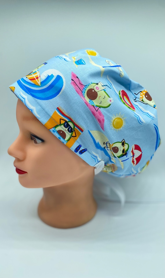 Avocado scrub cap, euro scrub cap with buttons, nurse scrub cap, ponytail scrub cap, womens hair cover, surf and sun bathing avocados cap