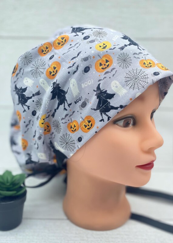 Witch bonnet/ponytail scrub cap, medical scrub cap, dental hygiene scrub cap, nurse scrub cap, witches scrub cap, ponytail cap with buttons