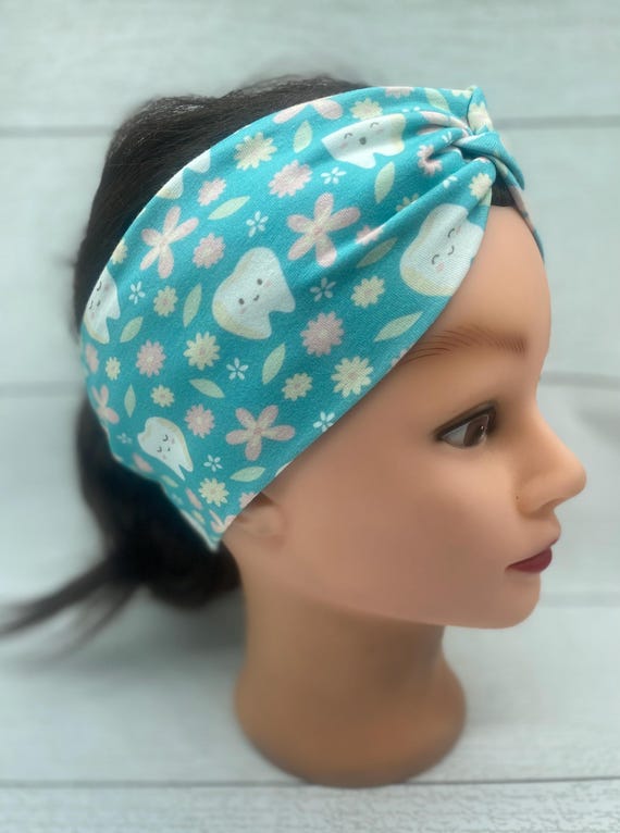 Teal Twist Dental headband with teeth and flowers, RDH tooth headband, dental assistant wide band, RDA stretchy headband with buttons,