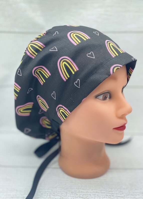 Rainbow euro boho scrub cap with buttons, ponytail womens scrub cap,  nurse scrub cap, dental assistant gift, nursing cap, womens hair cover