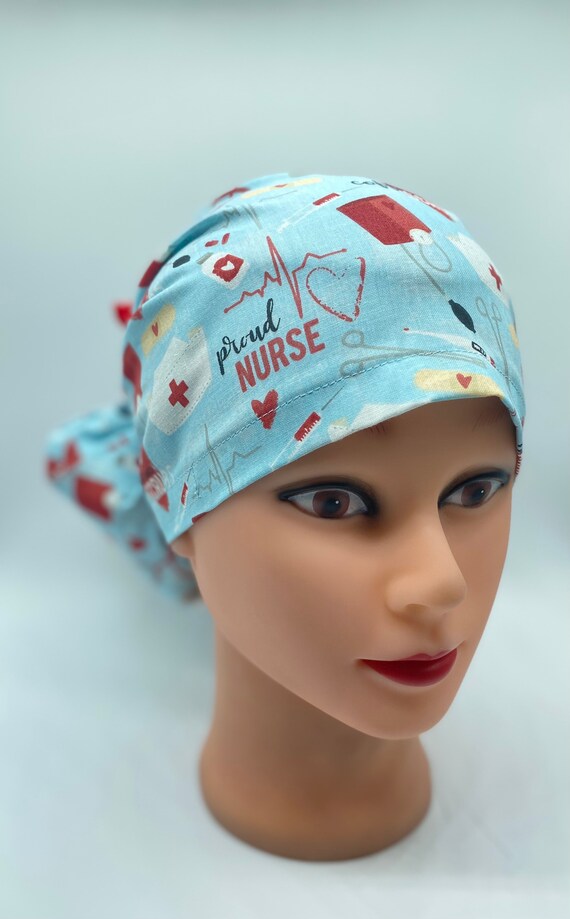 Nurse scrub cap with buttons, nurse hair bonnet, nurse ponytail scrub cap, nurse stethoscope print scrub cap, womens hair cover