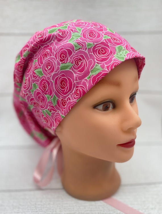 Euro Flower scrub cap, pink roses scrub cap with buttons, nurse medical hair cover, full coverage scrub cap