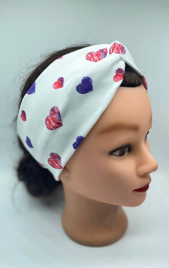 Valentines twist headband with buttons, wide stretchy headband, nurse hair cover, holiday headband, hearts yoga headband