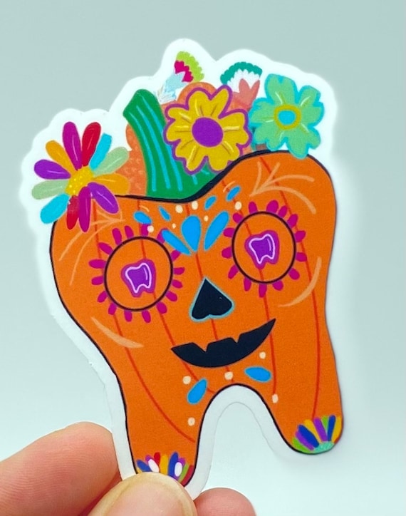 Dental sticker, Day of the Dead, pumpkin dental laptop sticker, dental assistant gift, dental hygienist gift, dental water cup sticker