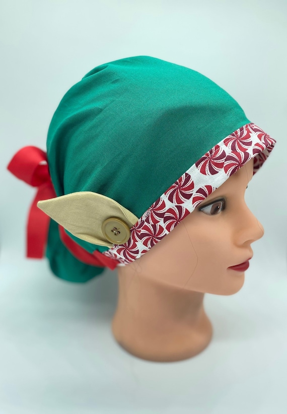 Original Elf Euro scrub cap, holiday scrub cap, Christmas scrub cap, Christmas hat, winter scrub cap, elf ears scrub cap with buttons