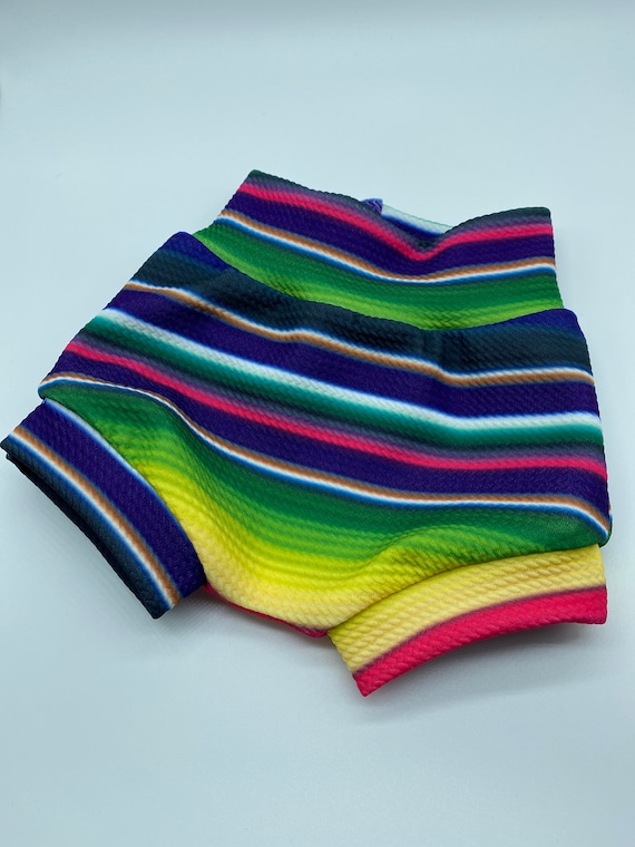 Serape Stretchy Baby bummies, baby shorts, cinco de mayo, serape baby shorts, Mexican clothing, serape baby clothing, multi color bummies