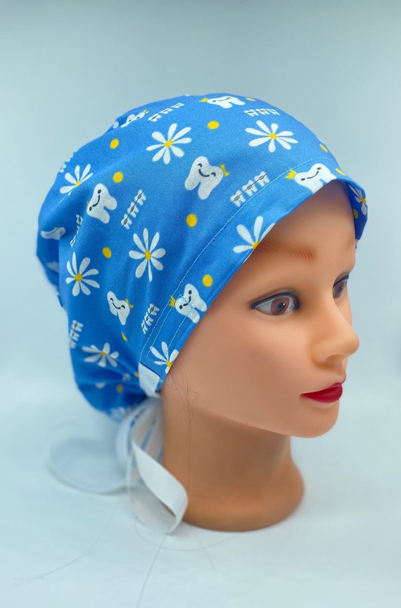 Euro Flower scrub cap, Daisy euro scrub cap with buttons, tooth scrub cap, womens Dental scrub cap, dental assistant scrub cap, dental