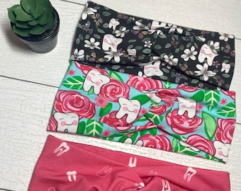 Wide Dental twist headband with buttons, dental assistant teeth headband, dental hygienist hot pink headband, dental flower tooth headband