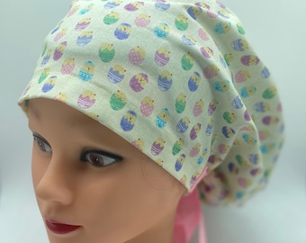 Easter egg Euro scrub cap, nurse spring scrub cap with buttons, baby chick  scrub cap, easter bonnet scrub cap with ribbon ties