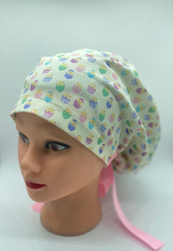 Easter egg Euro scrub cap, nurse spring scrub cap with buttons, baby chick  scrub cap, easter bonnet scrub cap with ribbon ties