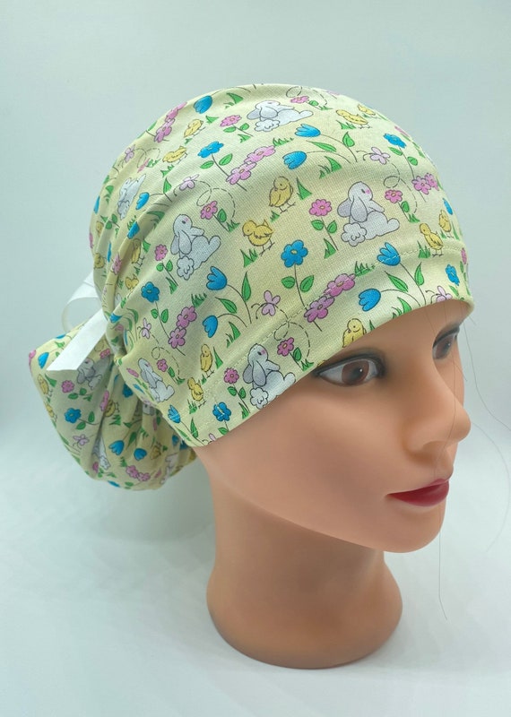 Easter bunny scrub cap with buttons, spring flowers scrub cap, baby bunny ponytail scrub cap, easter bonnet scrub cap with ribbon ties