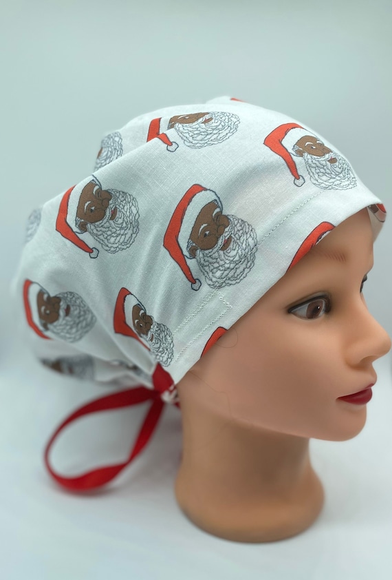 African American Euro Santa scrub cap, holiday scrub cap, Santa Claus scrub cap, Christmas scrub cap, womens scrub cap