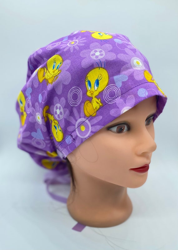 Tweetie bird scrub cap with buttons, nurse euro scrub cap, womens hair cover, nurse ponytail scrub cap, dental hygiene scrub cap