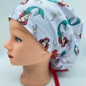 Nurse euro scrub cap, scrub cap with buttons, ponytail scrub cap, Little mermaid scrub cap, pediatric scrub cap, womens hair cover