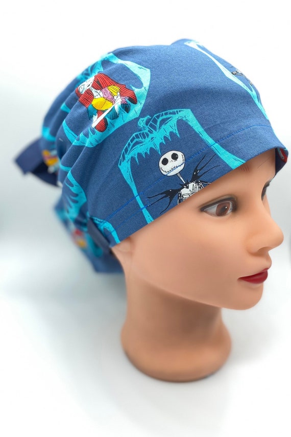 Nightmare before Christmas scrub cap, Halloween ponytail scrub cap with buttons, bonnet surgical cap, jack skellington and sally scrub cap