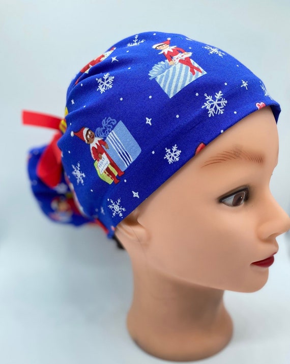 Elf scrub cap, holiday scrub cap, Christmas bonnet scrub cap, ponytail scrub cap, Christmas scrub hat, Santa helpers nurse, womens scrub cap