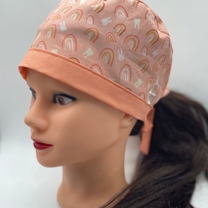 Blue Boho surgical dental scrub cap with buttons, retro peach women’s surgical cap, retro rainbows and teeth dental scrub cap, dental cap