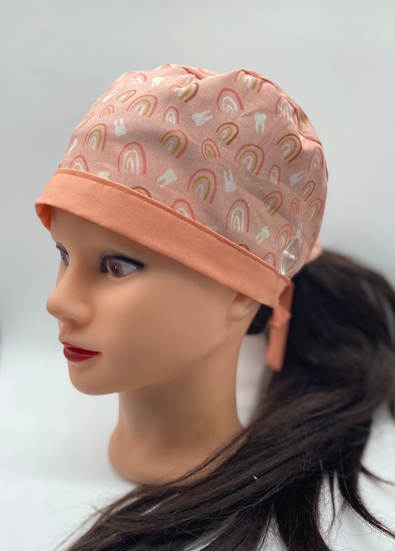 Blue Boho surgical dental scrub cap with buttons, retro peach women’s surgical cap, retro rainbows and teeth dental scrub cap, dental cap