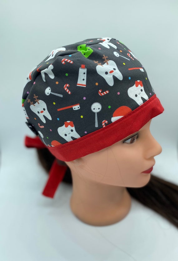 Dental Christmas scrub cap, Christmas scrub hat with buttons, holiday scrub cap for women, personalized dental scrub cap