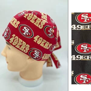 49ers scrub cap for women, mens scrub cap, nfl scrub cap, football scrub cap, medical scrub cap with buttons, nurses surgical cap