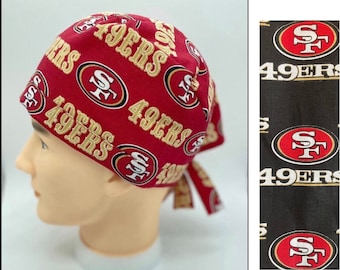 49ers scrub cap for women, mens scrub cap, nfl scrub cap, football scrub cap, medical scrub cap with buttons, nurses surgical cap
