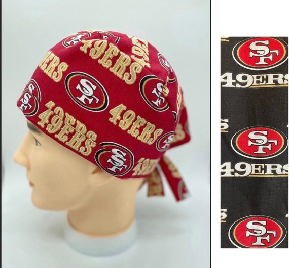 49ers scrub cap for women, mens scrub cap, nfl scrub cap, football scrub cap, medical scrub cap with buttons, nurses surgical cap