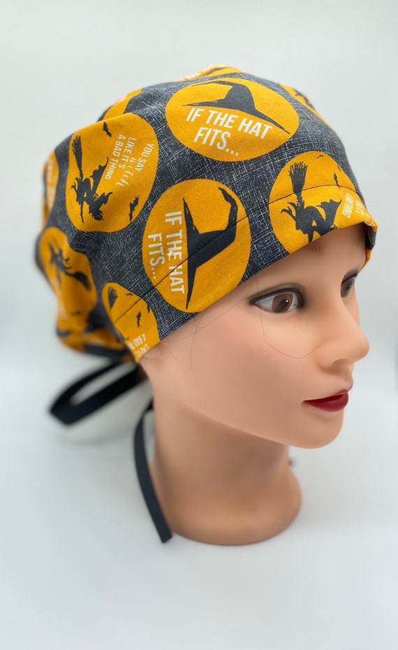 Witch Halloween ponytail scrub cap, black bonnet scrub cap with buttons, nurse Halloween cap, womens scrub cap, dental hygiene scrub cap