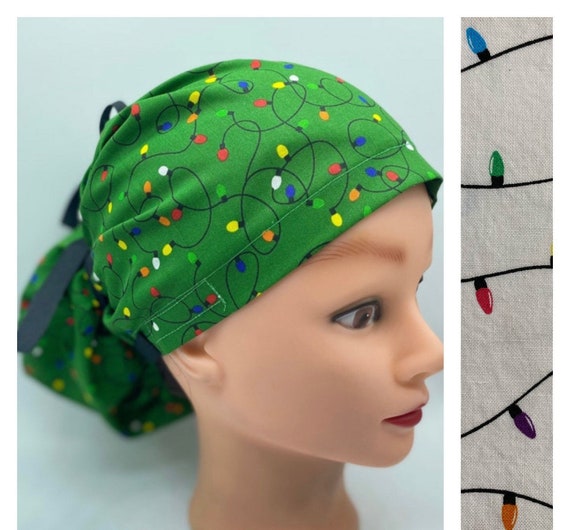 Christmas scrub cap, bonnet scrub cap with buttons, ponytail scrub cap, Christmas lights scrub cap, Christmas scrub hat, holiday lights cap