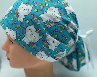 Rainbow kitty scrub cap, blue bonnet scrub cap with buttons, nurse ponytail scrub cap, dental hygienist scrub cap, unicorn womens scrub cap