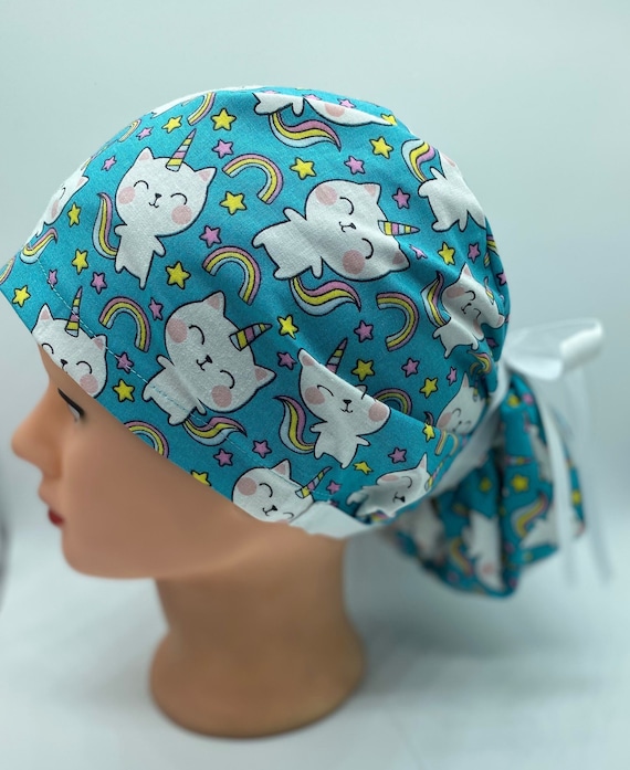 Rainbow kitty Euro scrub cap, blue bonnet scrub cap with buttons, nurse scrub cap, dental hygienist scrub cap, unicorn womens scrub cap
