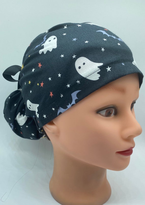 Halloween bonnet ghost scrub cap, Halloween bat ponytail scrub cap with buttons, nurse surgical cap, dental hygienist scrub cap