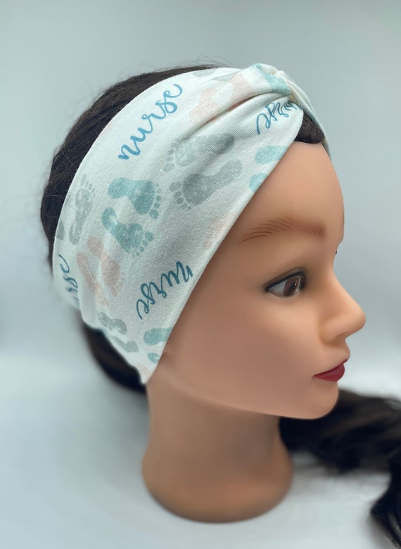 Nurse headband, baby feet headband with buttons, NICU hair cover, twist headband, yoga headband, womens headband, turbans heeadband
