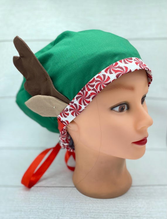 Original Reindeer antlers and ears Euro scrub cap, holiday scrub cap with buttons, Christmas scrub cap, Christmas hat, winter scrub cap,