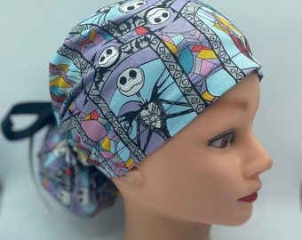 Gorro quirúrgico europeo de Jack Skellington con botones, gorro de calabaza de Jack y Sally, gorro quirúrgico de enfermera de Halloween, gorro quirúrgico, cubierta médica