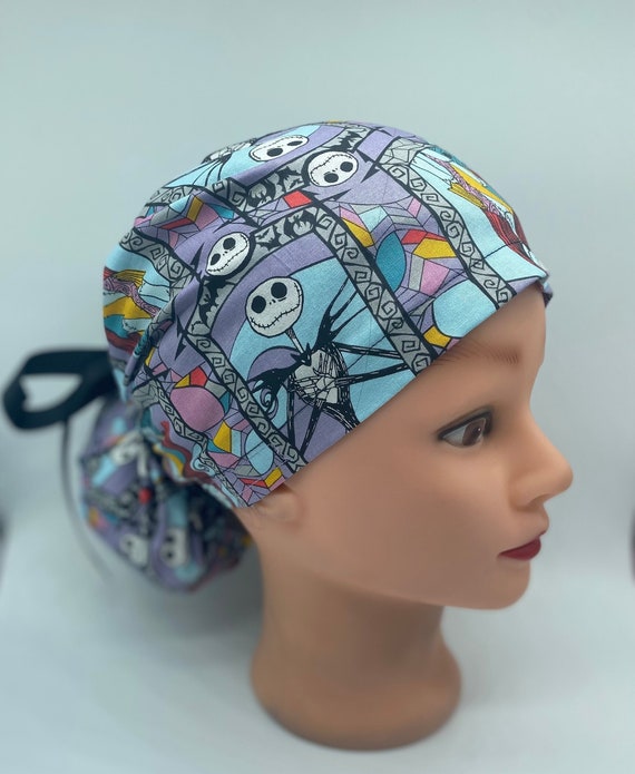 Jack skellington euro scrub cap with buttons, pumpkin Jack and sally ponytail  cap, nurse Halloween scrub cap,  scrub cap, medical cover