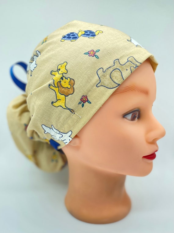 Baby animal scrub cap, farm animal scrub cap with buttons, nursery animals hat, womens hair cover, veterinarian scrub cap, euro scrub cap