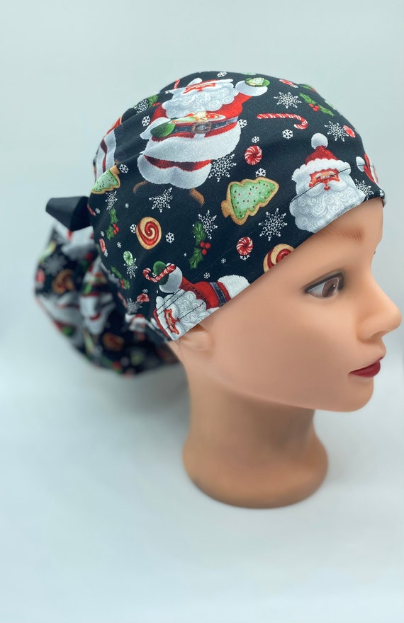 Santa Christmas scrub cap, bonnet scrub cap with buttons, ponytail scrub cap, Christmas scrub hat, Santa Claus scrub cap, holiday scrub caps