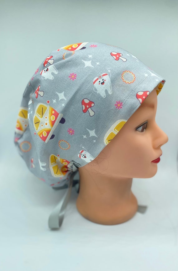 Dental retro scrub cap, mushroom dental scrub cap with buttons, dental assistant hat, dental hygienist hair cover, womens hair cover, dental