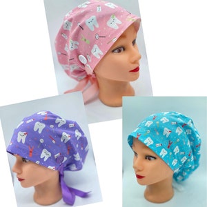 Dental scrub cap, tooth scrub cap, scrub cap with buttons, teeth scrub cap, dental assistant scrub cap, womens scrub cap, surgical cap