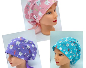 Dental scrub cap, tooth scrub cap, scrub cap with buttons, teeth scrub cap, dental assistant scrub cap, womens scrub cap, surgical cap