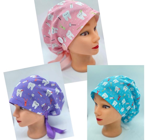 Dental scrub cap, tooth scrub cap, scrub cap with buttons, teeth scrub cap, dental assistant scrub cap, womens scrub cap, surgical cap