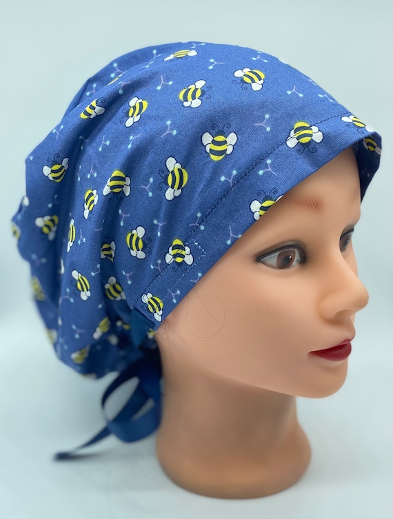 Bees euro scrub cap, insect scrub cap with buttons, nurse ponytail scrub cap, womens hair cover, dental hygienist scrub cap